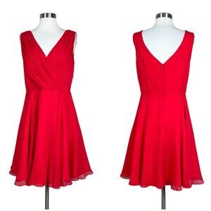 Shoshanna | Silk Cherry Red Flowy Fit Flare Draped V Neck Designer Mini Dress 10